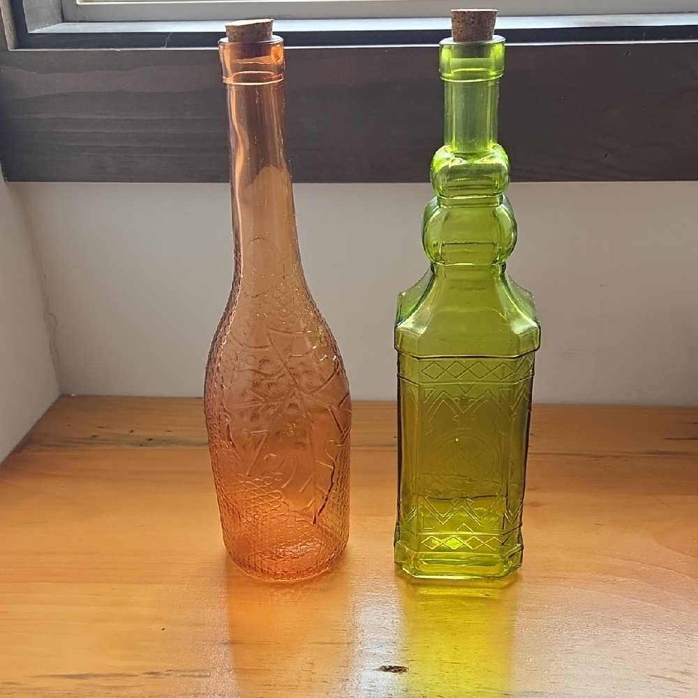 Set of Two Decorative Glass Bottles - Orange and Green